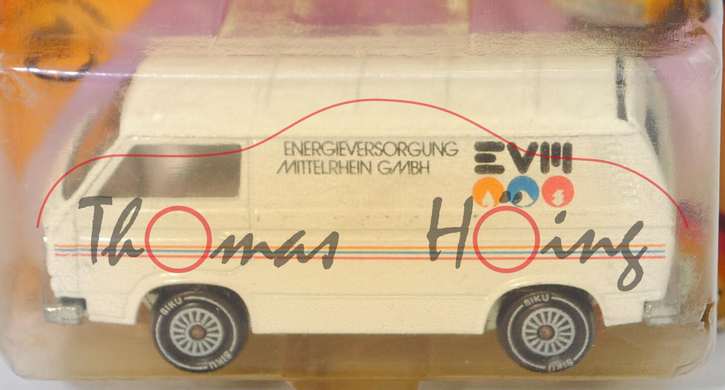 VW Transporter Kastenwagen (T3, Modell '80, Modell 1979-1982), reinweiß, ENERGIEVERSORGUNG / MITTELRHEIN GMBH / EVM, mit CE-Zeichen, SIKU, 1:60, P23 (Limited Edition)