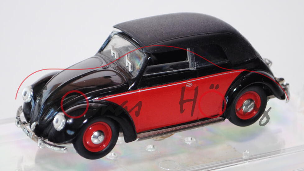 VW Käfer Cabriolet geschlossen (Typ 15), Modell 1949, schwarz/verkehrsrot, VITESSE, 1:43, PC-Box