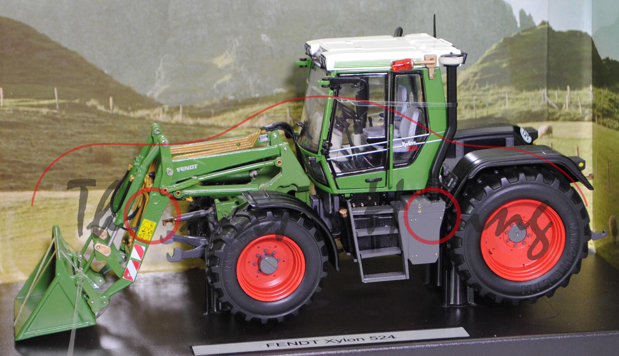 FENDT XYLON 524 (1. Generation, Modell 1994 - 2004) mit Frontlader, FENDT-grün, weise-toys, 1:32, mb