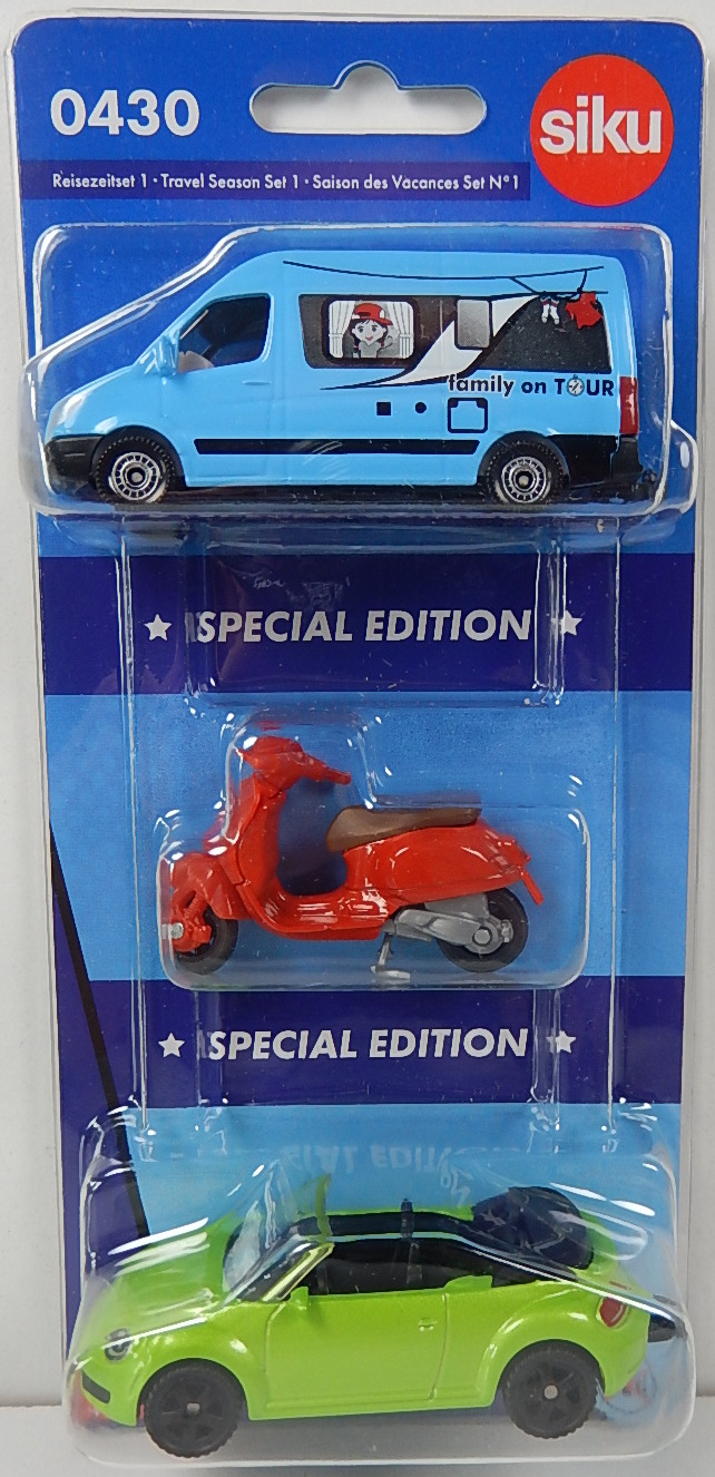 00400 Reisezeitset 1: Mercedes-Benz Sprinter II Campervan, blau + Vespa 125 GTS Super, rot + VW The Beetle Cabriolet 1.2 TSI, grünmetallic, SIKU SUPER, P29e (SPECIAL EDITION)