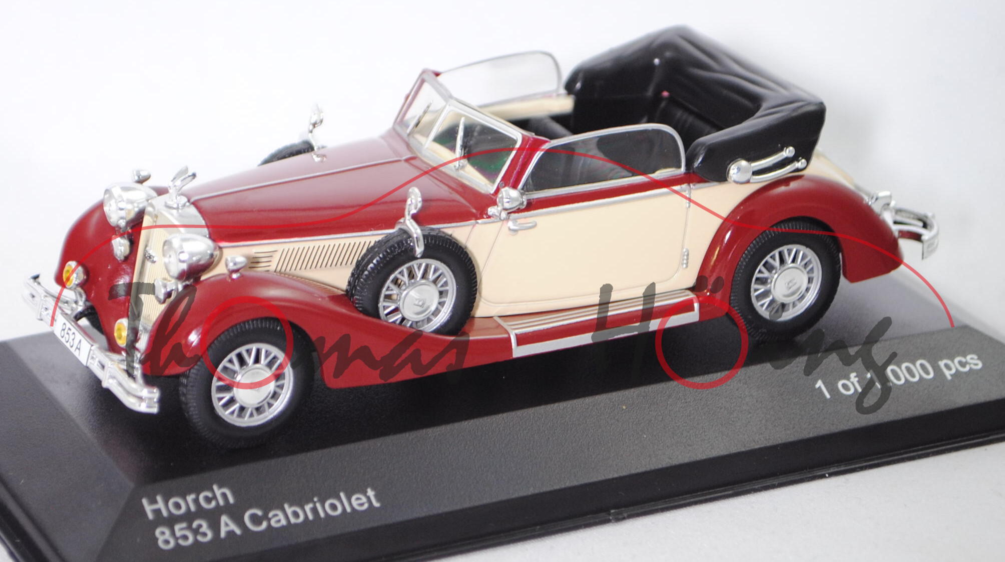 Horch 853 A Cabriolet (Modell 1938-1939), purpurrot/hellelfenbein, WHITEBOX, 1:43, PC-Box (Limited)