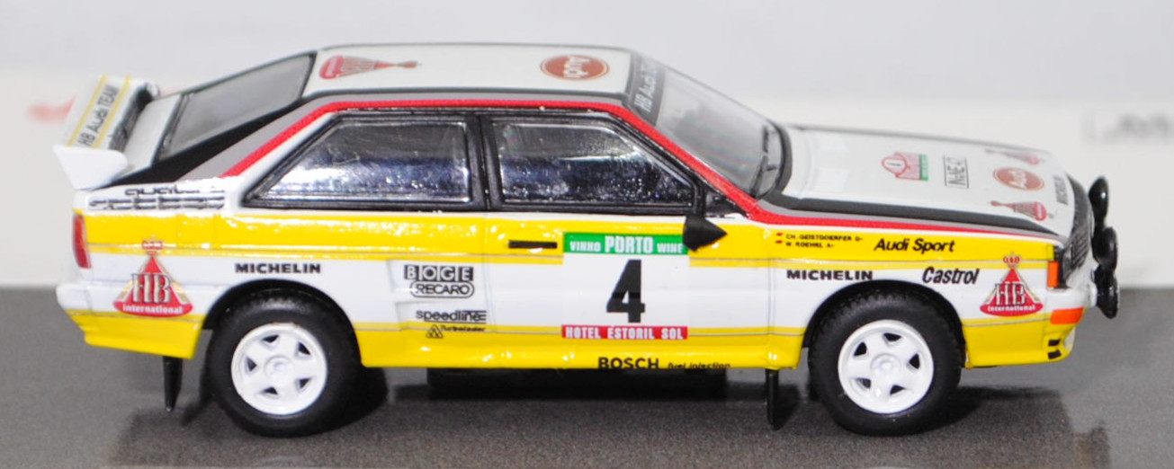 Audi quattro A2 Gruppe B (R1, Homologationsnummer B-243, Modell 1983-1984), weiß, 18. Rallye Portugal 1984, Nr. 4, Walter Röhrl / Christian Geistdörfer, Schuco, 1:64, mb
