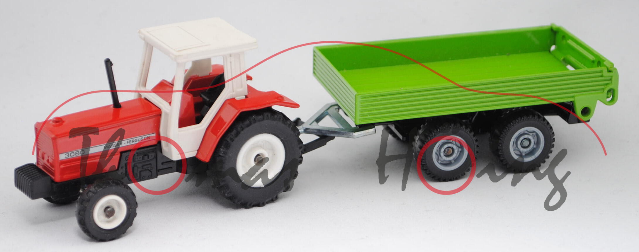 00000 Massey Ferguson 3080 (Modell 1986-1988) mit Tandem-Anhänger, rot und grün, Lenkrad weg, LKW12