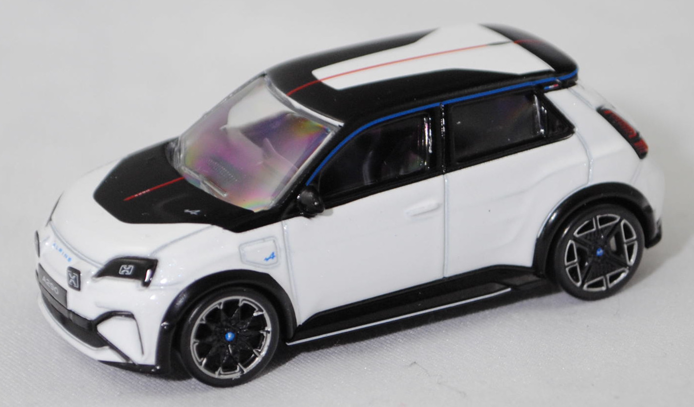 Alpine A290 Première Edition mit Beta Designpaket (P01, Modell 2024-), Karosserie perlmutt-weiß, Dach black-pearl-schwarz, Norev, 1:64, mb (Produktionsfehler, Vorderrad links vom falsch)