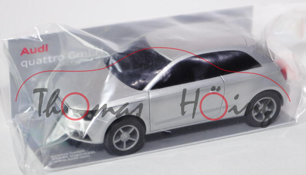 Audi A1, Modell 2010-, eissilber, mit Pullback Motor/Action, Herpa, 1:50, Werbetüte