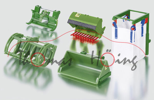 Frontladerset für Siku Farmer 1:32 bestehend aus Silageschneidzange, Poltergabel (Sichelform), Reisi