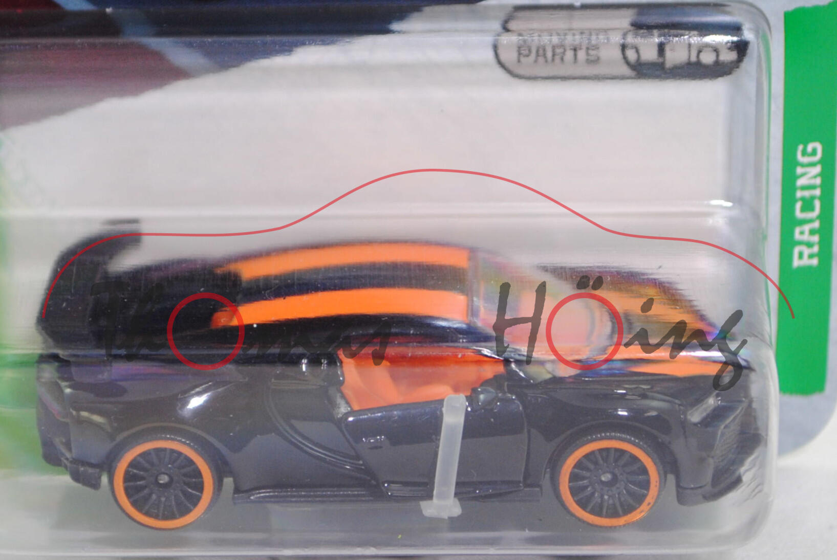 Bugatti Chiron Pur Sport (1. Generation, Modell 2020-2024) (Nr. 213C), schwarz, 2 Streifen in hell-pastellorange, majorette, 1:65, Blister