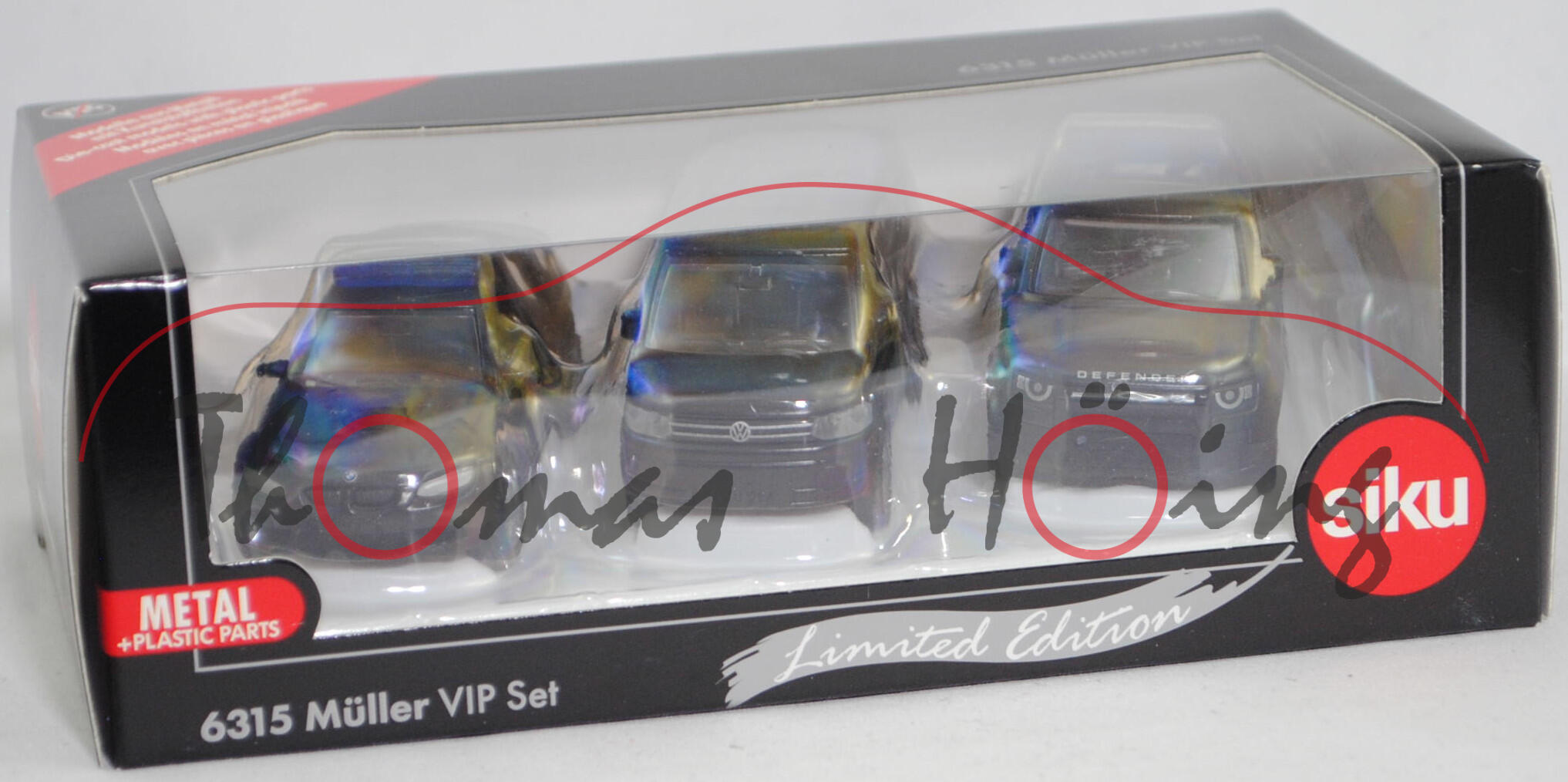 00400 VIP Set (Sicherheitsdienst): BMW M3 Coupé Polizei + VW T5 GP Multivan + Land Rover Defender 90 S P400 AWD, mattschwarz, SIKU SUPER, L17mpK (Limited Edition)