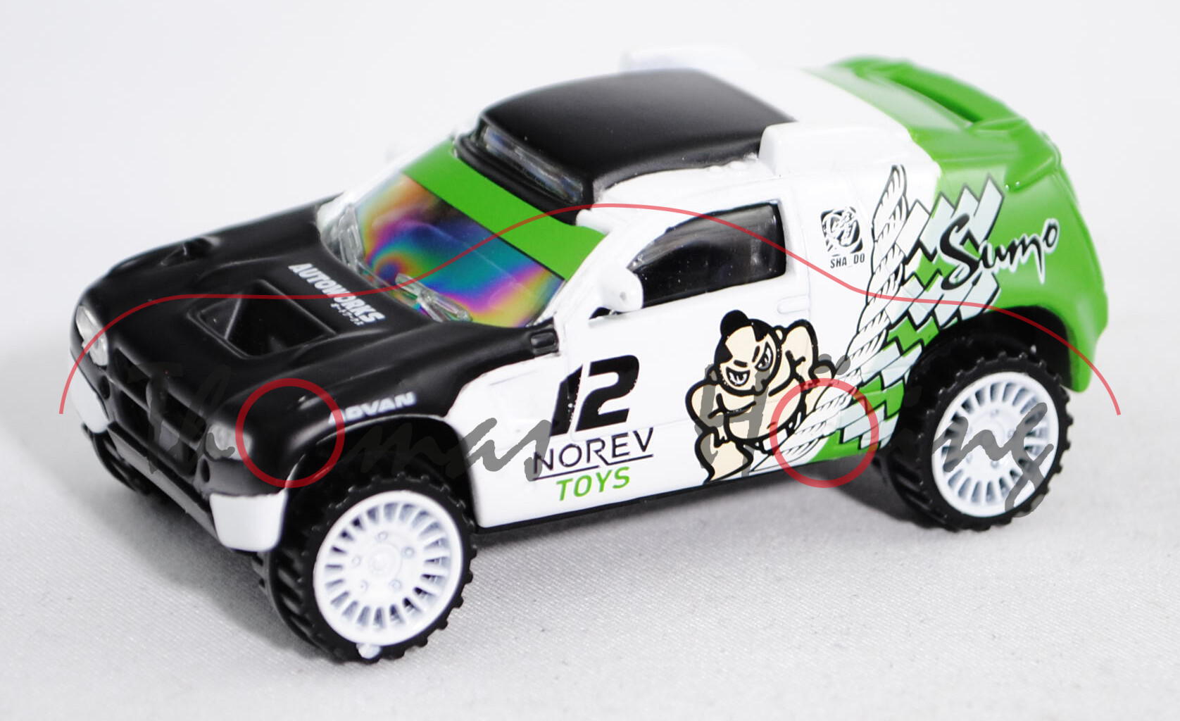 VW Race Touareg 3 (Modell 2010-2011), mattschwarz/reinweiß/gelbgrün, Sumo / 12 / NOREV / TOYS / AUTO