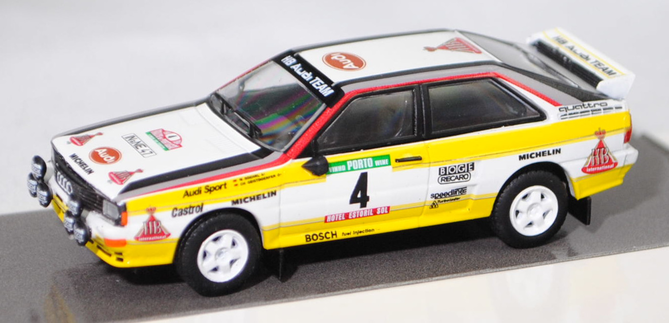 Audi quattro A2 Gruppe B (R1, Homologationsnummer B-243, Modell 1983-1984), weiß, 18. Rallye Portugal 1984, Nr. 4, Walter Röhrl / Christian Geistdörfer, Schuco, 1:64, mb