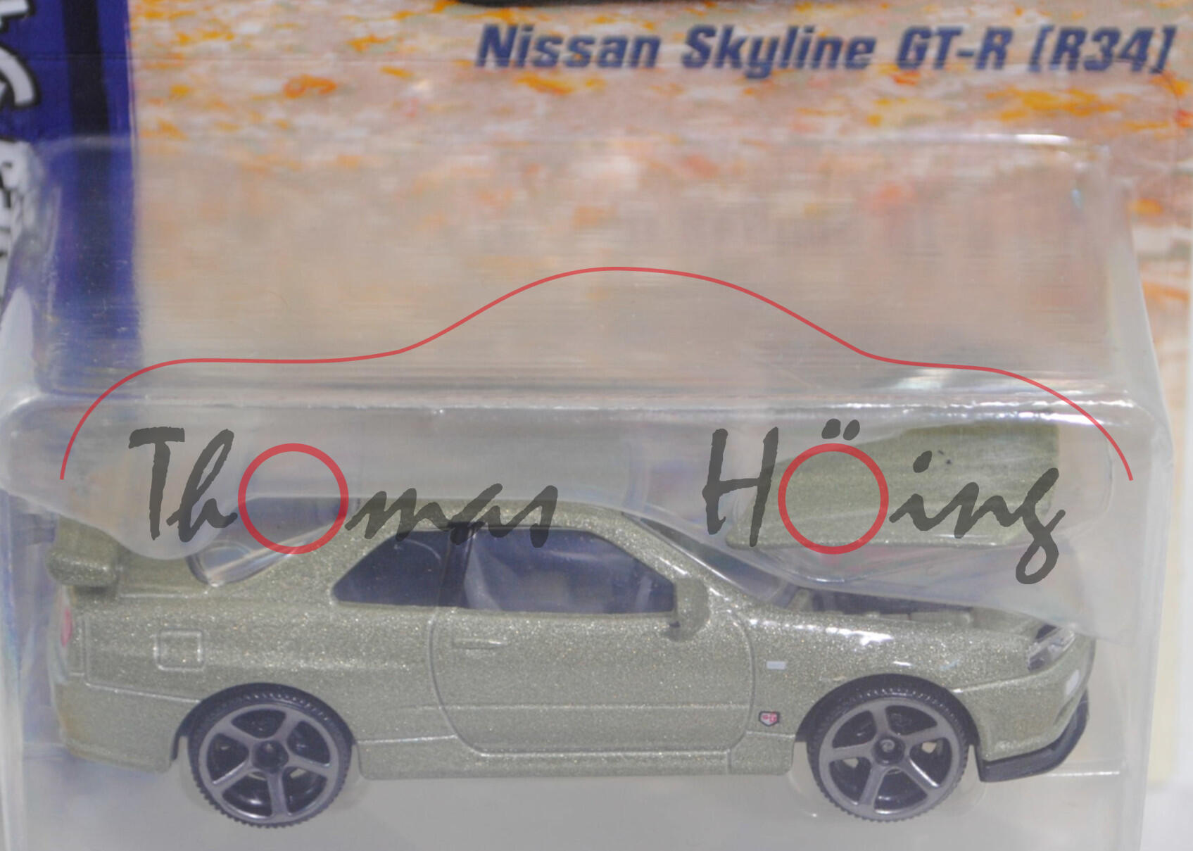 Nissan Skyline GT-R (Baureihe R34, Modell 1999-2002), hell-schilfgrünmetallic, majorette, 1:59, Blister