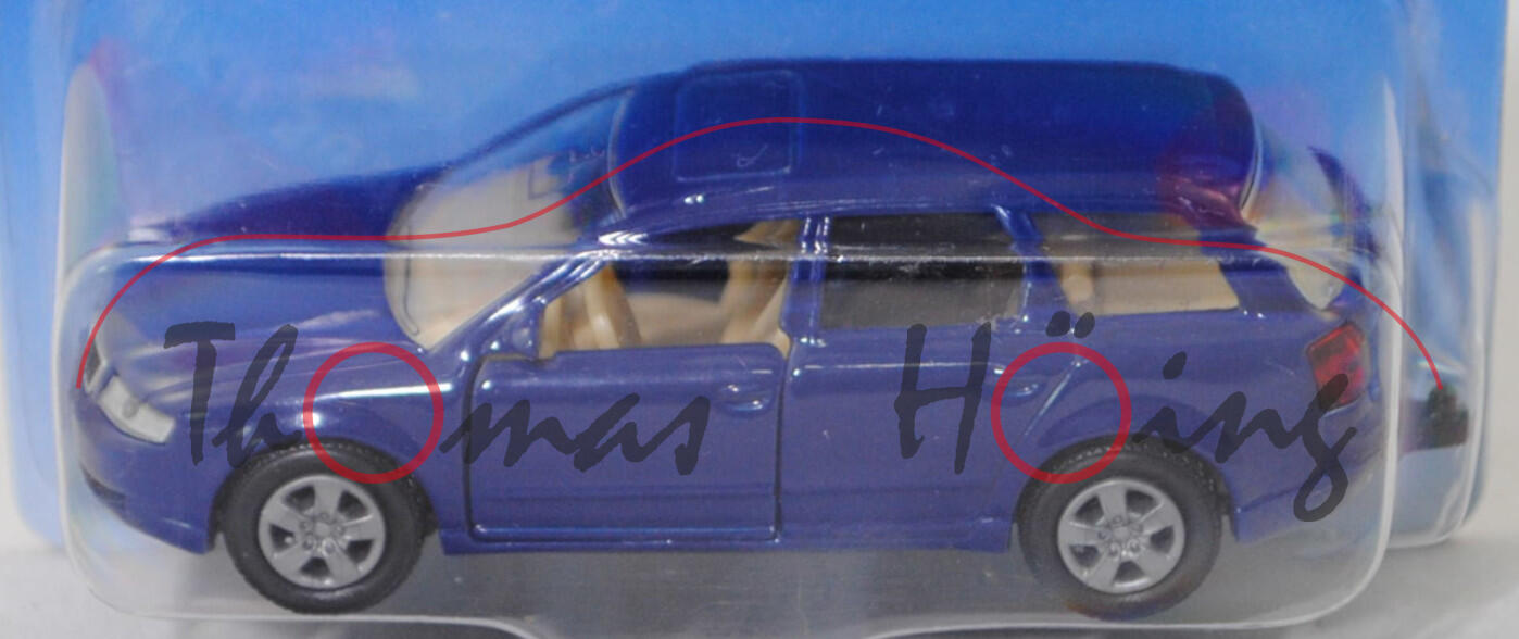 00000 Audi A4 Avant 2.5 TDI quattro (B6, Typ 8E, Modell 2001-2004), nachtblau, innen elfenbein, B18 grau, SIKU SUPER, 1:55, P28a