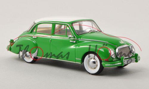 DKW 3=6 Limousine (Typ F94, viertürig, Facelift 1957, Mod. 1957-1959), grün/weiß, NEO, 1:43, PC-Box