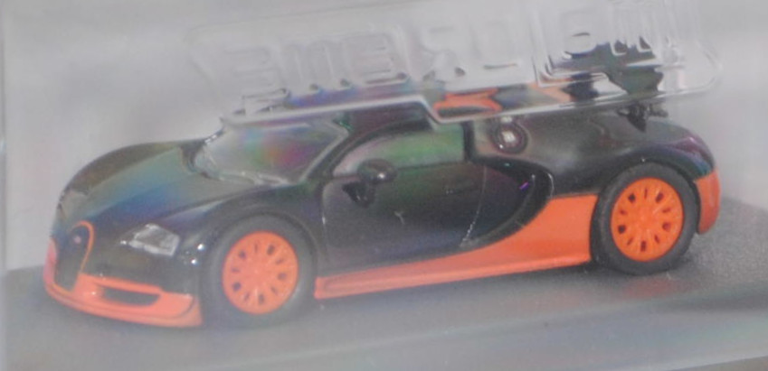 Bugatti Veyron 16.4 Super Sport World Record Edition (Modell 2010-2015), schwarz/rotorange (schwarzes Sichtcarbon und arancio orange), majorette, 1:64, PC-Box im Blister (Collection)