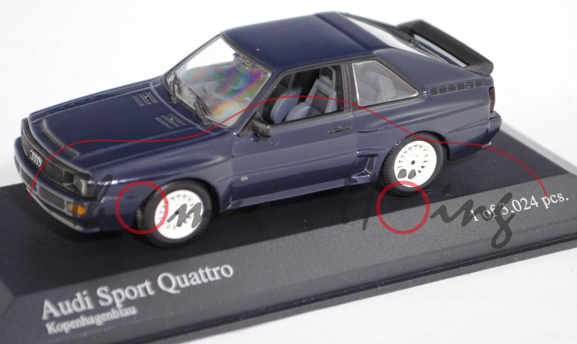 Audi sport quattro (Typ 85Q, Modell 1984-1986), kopenhagenblau, Minichamps, 1:43, PC-Box (m-)