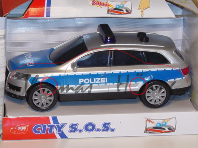 Audi Q7, Mj. 05, silber/blau, POLIZEI, mit Friktionsmotor, mit Licht und Sound, DICKIE, 1:32, mb