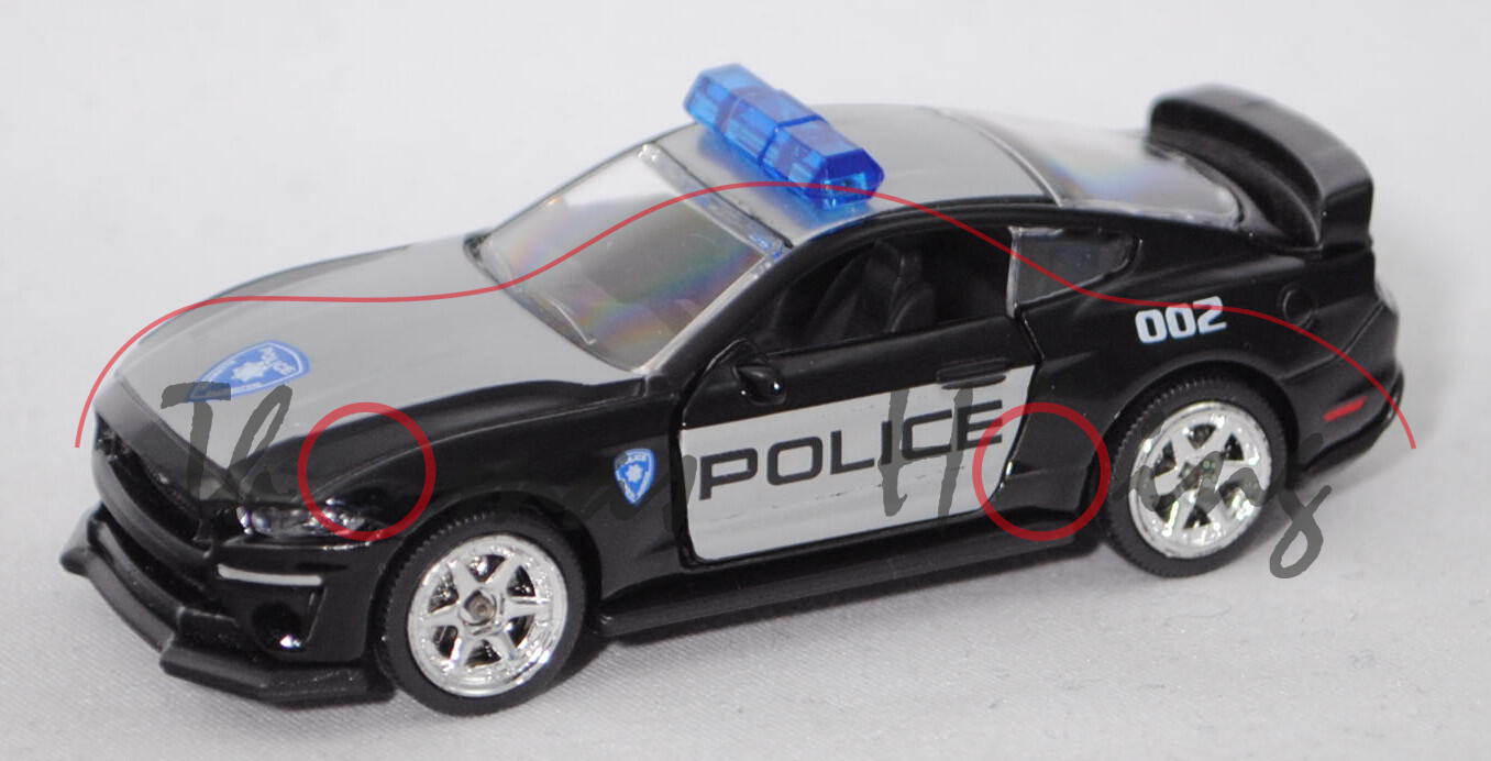 Ford Mustang GT (Typ VI, Facelift, Mod. 17-) Police, schwarz/silber, majorette, 1:64, Blister + Box