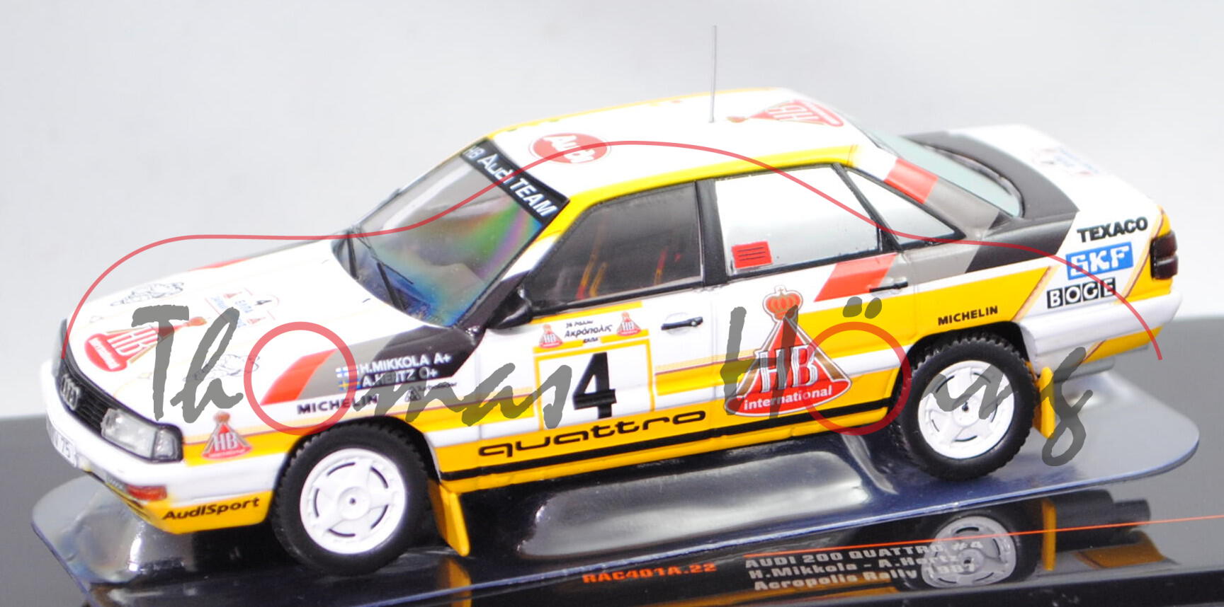 Audi 200 quattro Gruppe A (Modell 83-86), Acropolis Rallye 1987, Mikkola/Hertz, Nr. 4, IXO, 1:43, mb