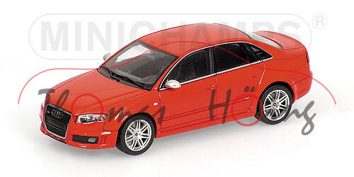 Audi RS4 (B7 Limousine, Typ 8E, Modell 2005-2009), misano rot, 1:43, Minichamps, PC-Box (Umverpackun