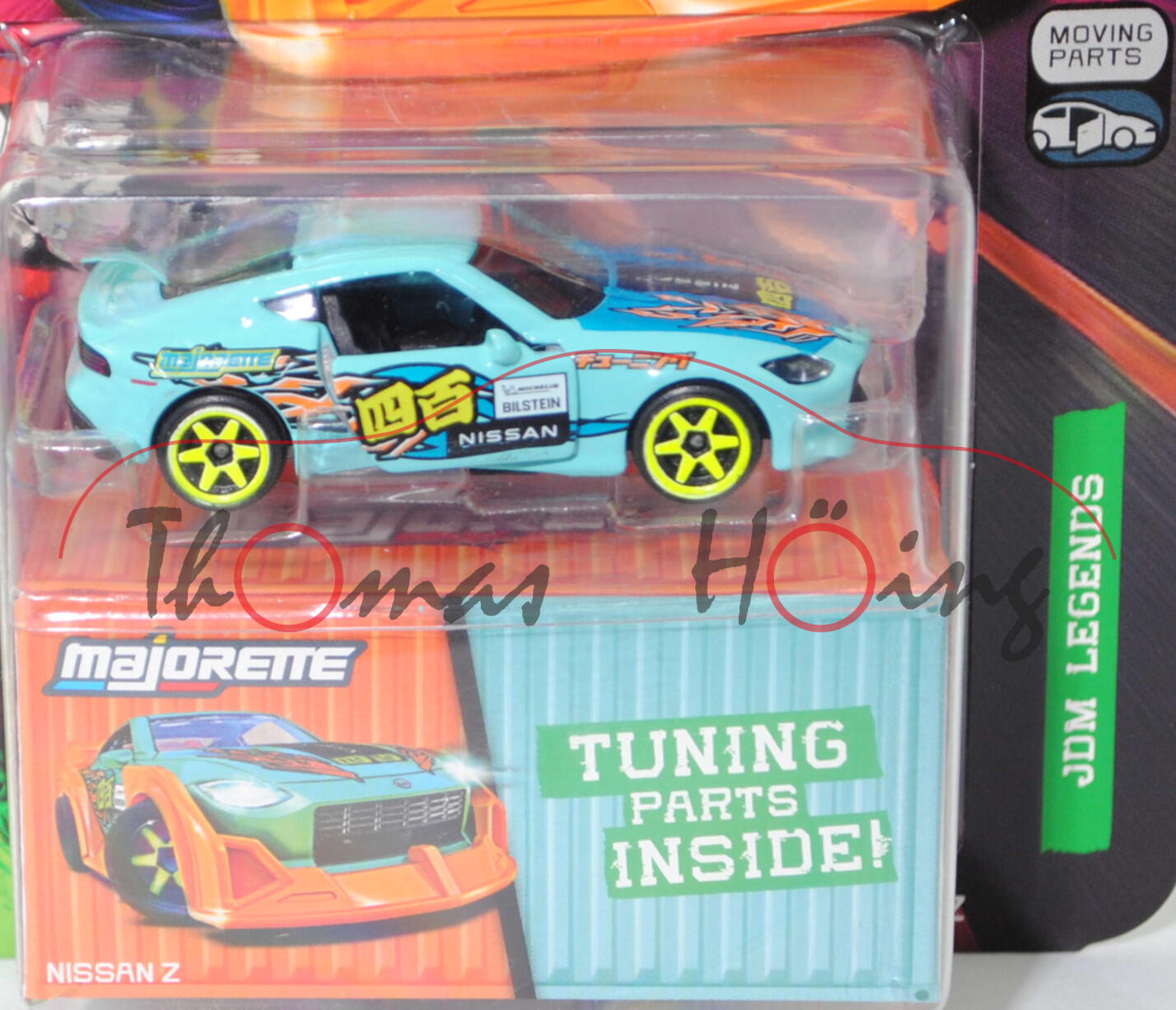 Nissan Z Performance (RZ34, Modell 2022-) (Nr. 214 I), hell-lichtgrün/himmelblau, Beilage: Bodykit und Tuning-Zubehör, majorette, 1:58, Blister (JDM Legends DELUXE CARS)