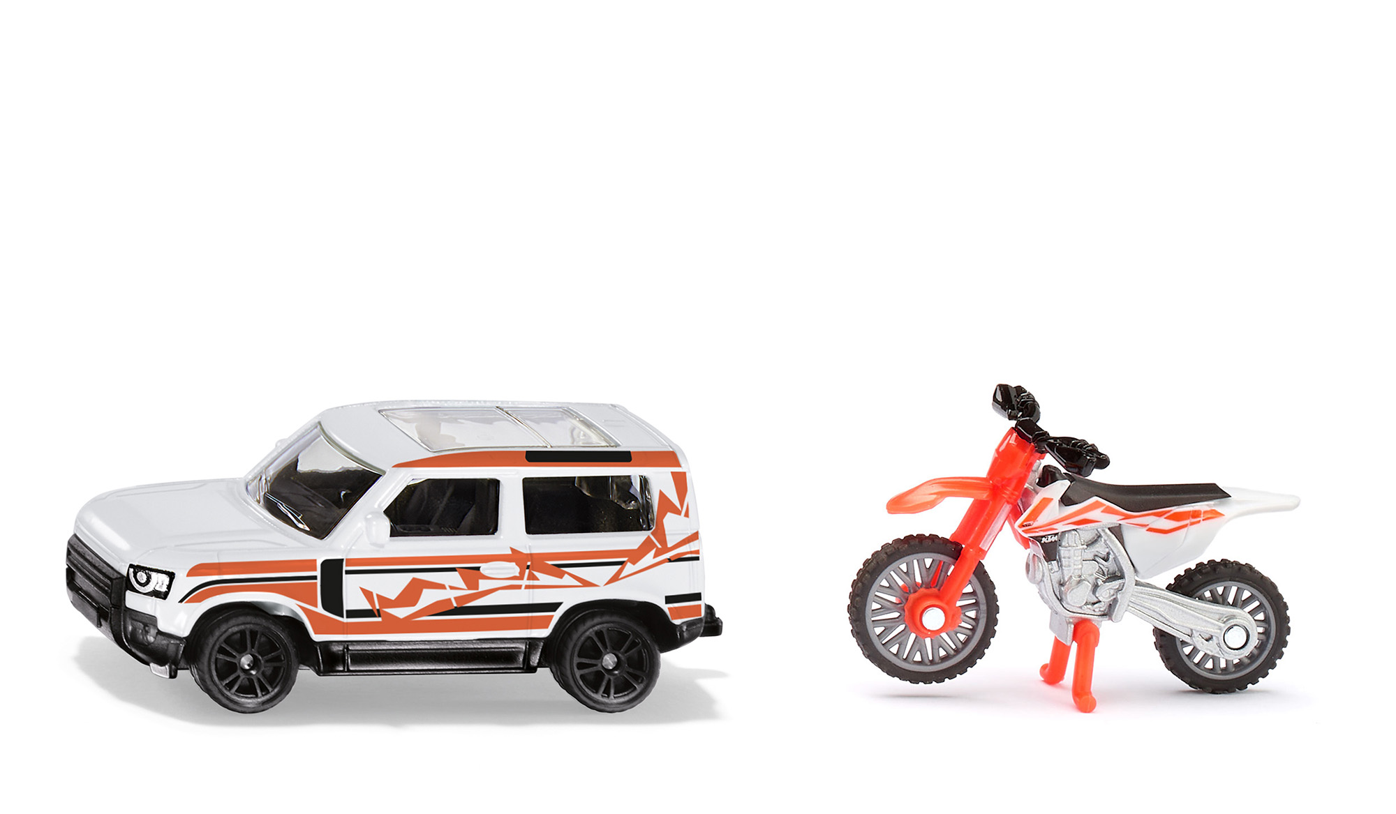 00000 Land Rover Defender 90 S P400 AWD (Modell 2020-2025) mit KTM SX-F 450 Motocross-Motorrad (Modell 2015-), fuji white + reinorange/schwarz/reinweiß, SIKU SUPER, P29f
