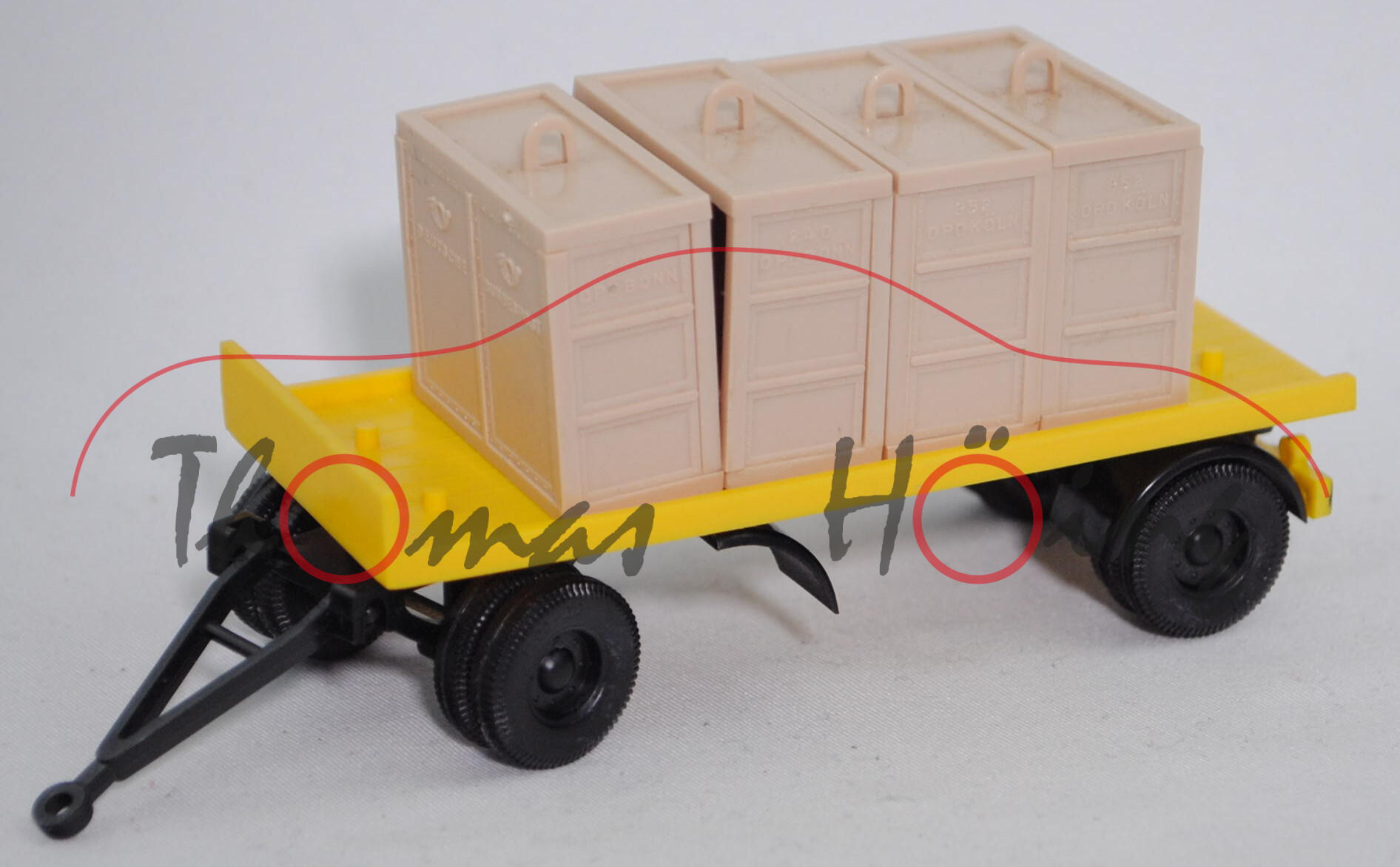 00002 Anhänger mit Flachpritsche der Deutschen Bundespost + Ladegut, gelb, 4x Weber-Behälter beige