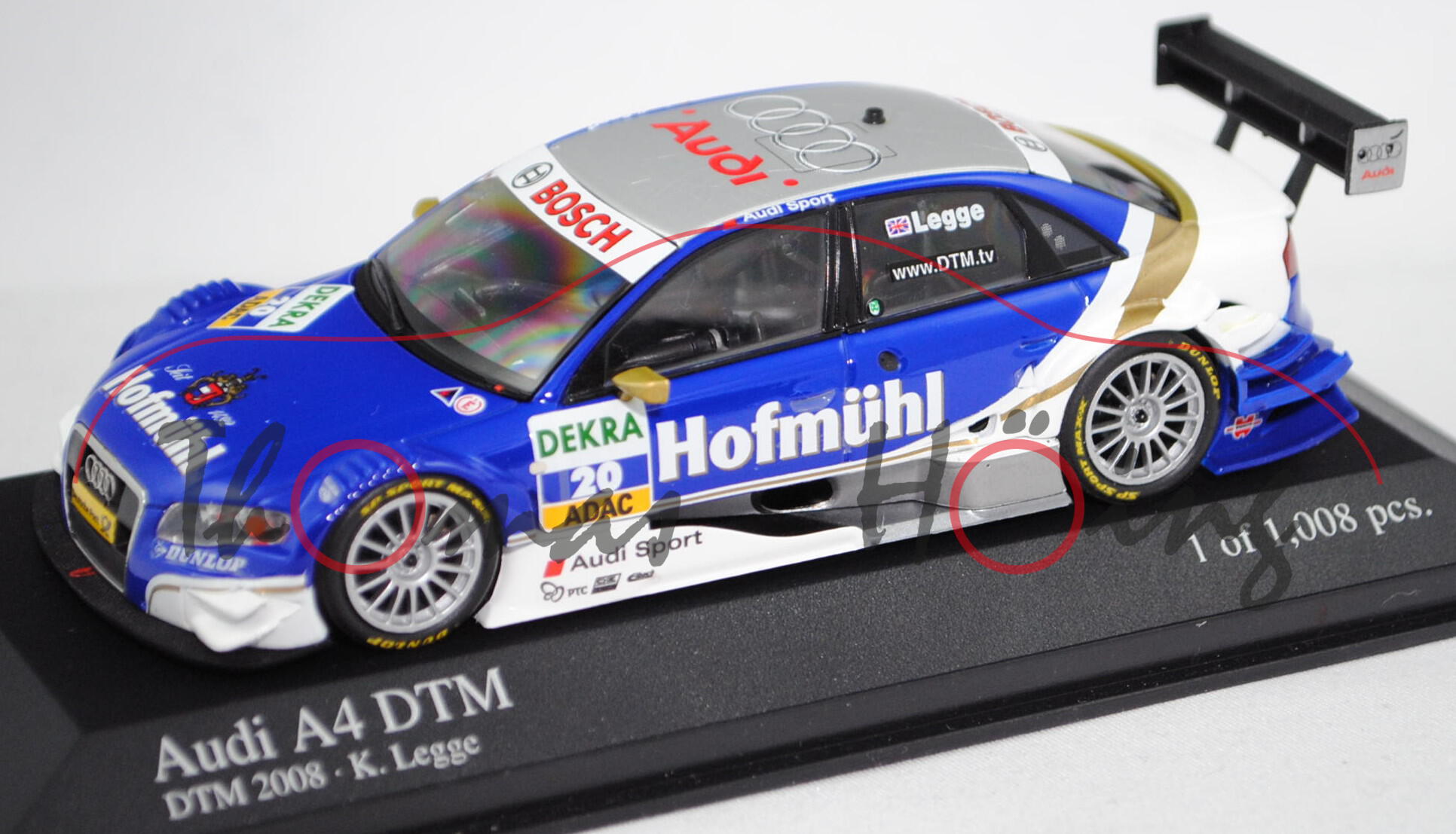 Audi A4 DTM 2006 (B7, Typ 8EC / R12 plus), silber/blau/weiß, DTM 2008, K. Legge, Nr. 20, Minichamps