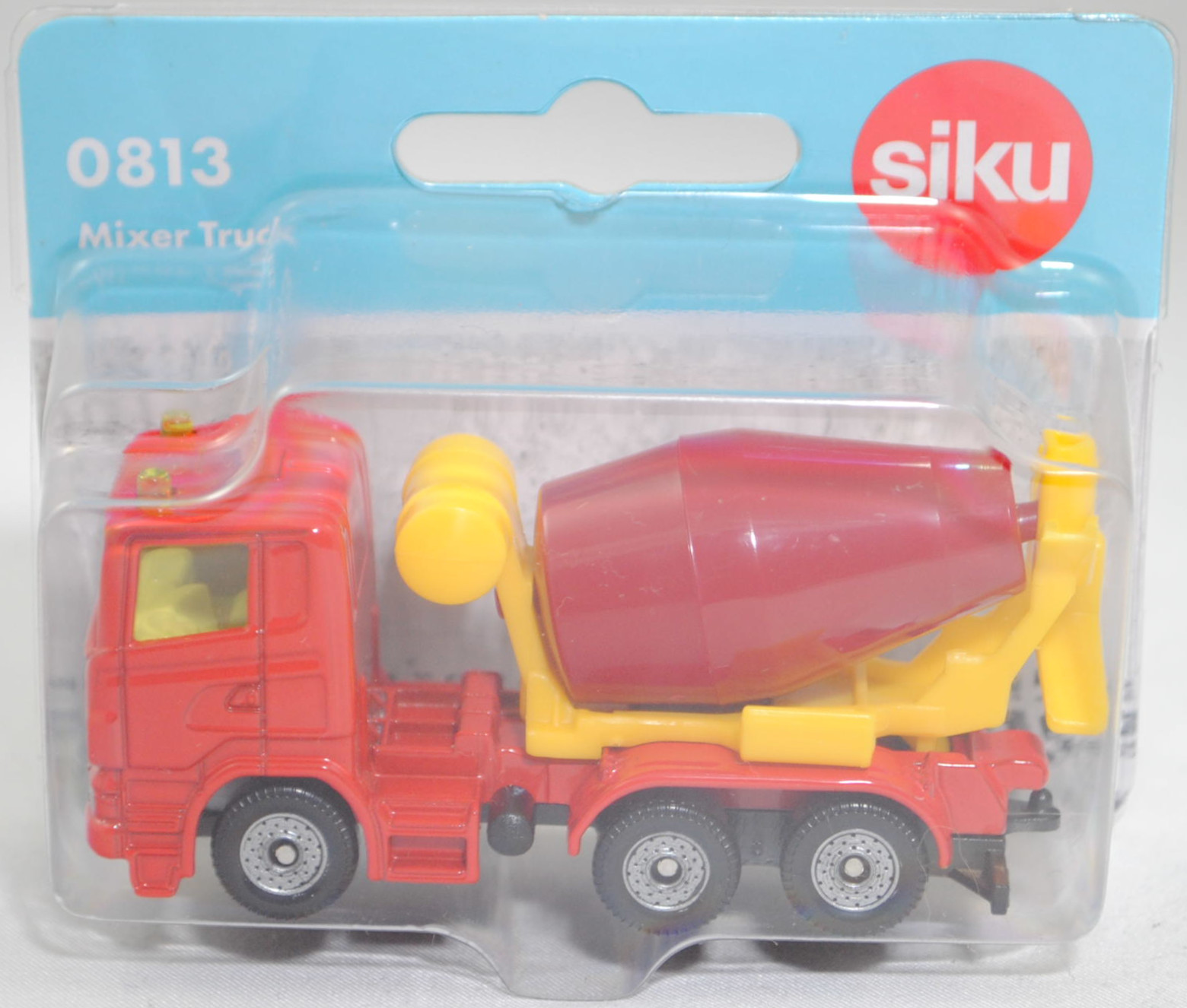 00016 Scania R380 (Typ CR16, Day cab, Modell 2007-2009) Betonmischer, hell-karminrot/verkehrsgelb, Kühlergrills mit Prägung U-Bügel links, SIKU SUPER, 1:89, P29f