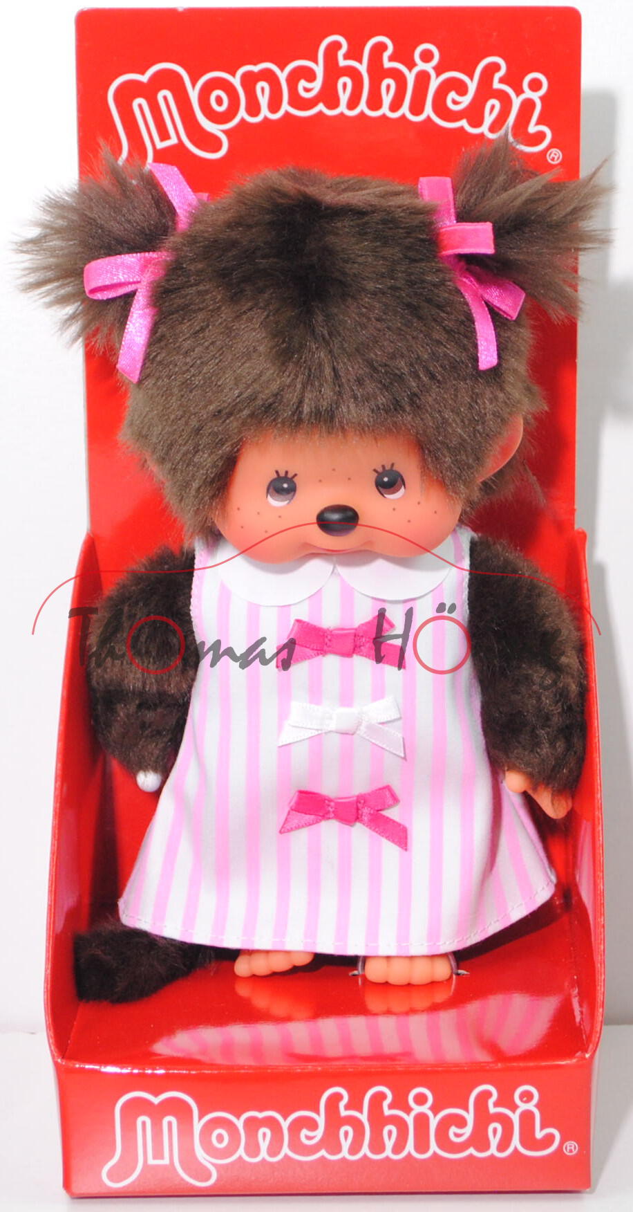 Monchhichi Pink Ribbon Dress Girl (Mädchen mit rosa gestreiftem Kleid), 20 cm groß, Sekiguchi