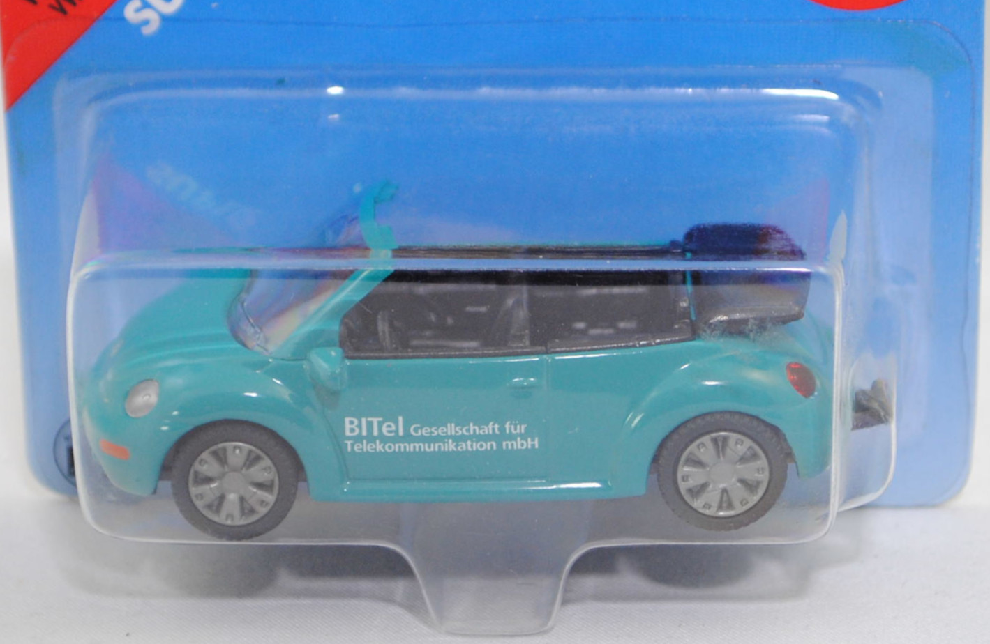 00403 VW New Beetle Cabriolet 2.0 (1. Generation, 1Y, Vorfacelift,, Modell 2003-2005), wasserblau, BITel Gesellschaft für / Telekommunikation mbH, SIKU SUPER, 1:55, P28b