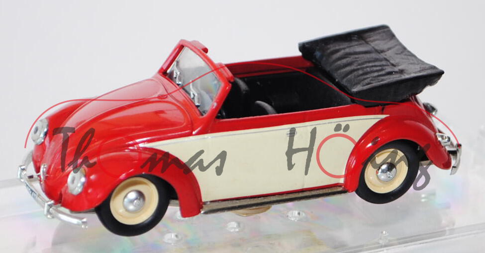 VW Käfer Cabriolet offen (Typ 15), Modell 1949, verkehrsrot/hellelfenbein, VITESSE, 1:43, PC-Box