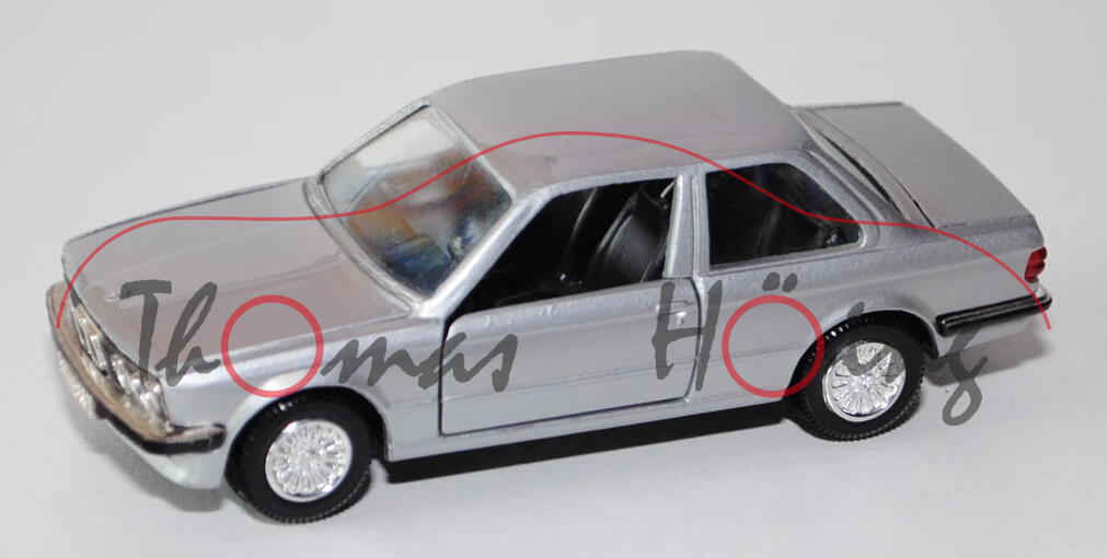 BMW 323i (Typ E30/2) (zweitürige Limousine), Modell 1983 (139 PS), silber, Türen + Heckklappe zu öff