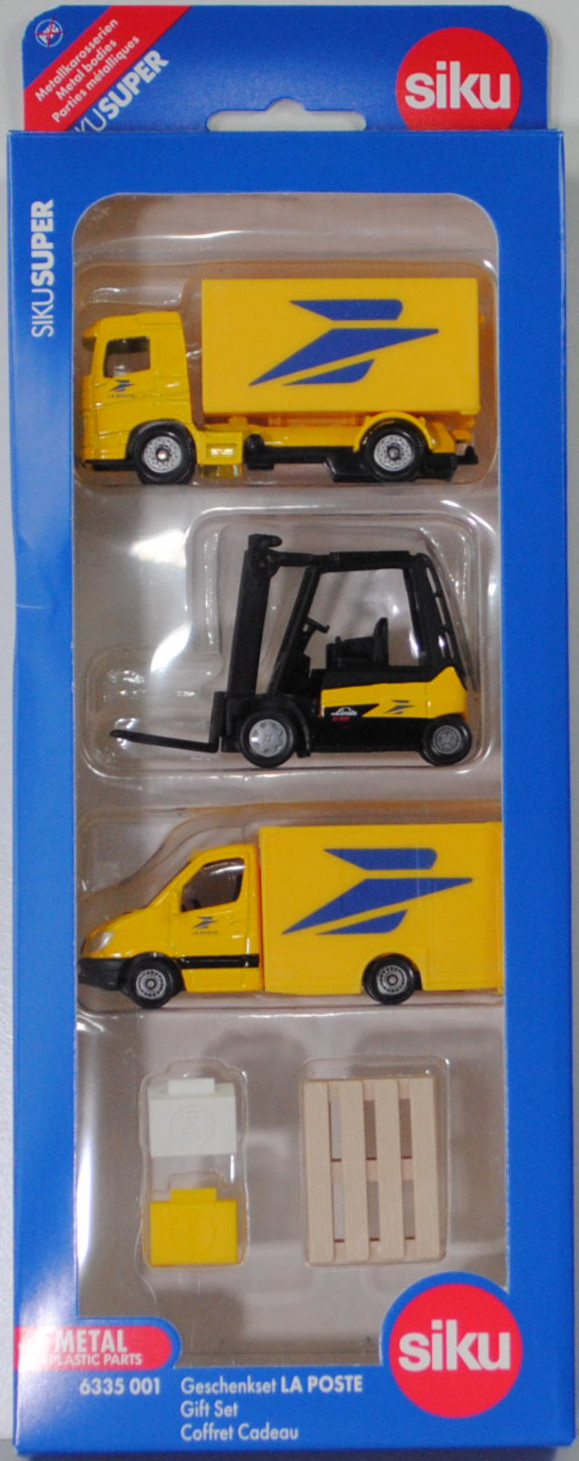 00100 F LA POSTE Logistik Set: Volvo FM mit Kofferaufbau; Linde Elektro-Gegengewichtsstapler E35/600H; Mercedes-Benz Sprinter II mit Kofferaufbau, SIKU, P32mpR (Limited Edition)