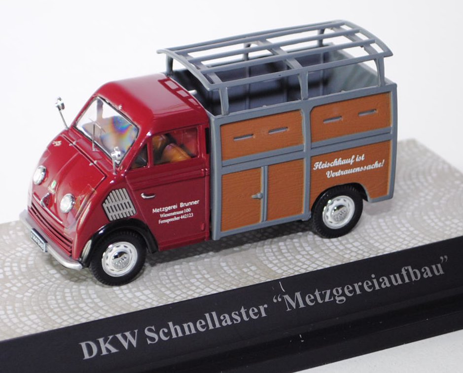 DKW Schnellaster Viehtransporter Metzgereiaufbau, weinrot/basaltgrau/braun, Metzgerei Brunner / Wies