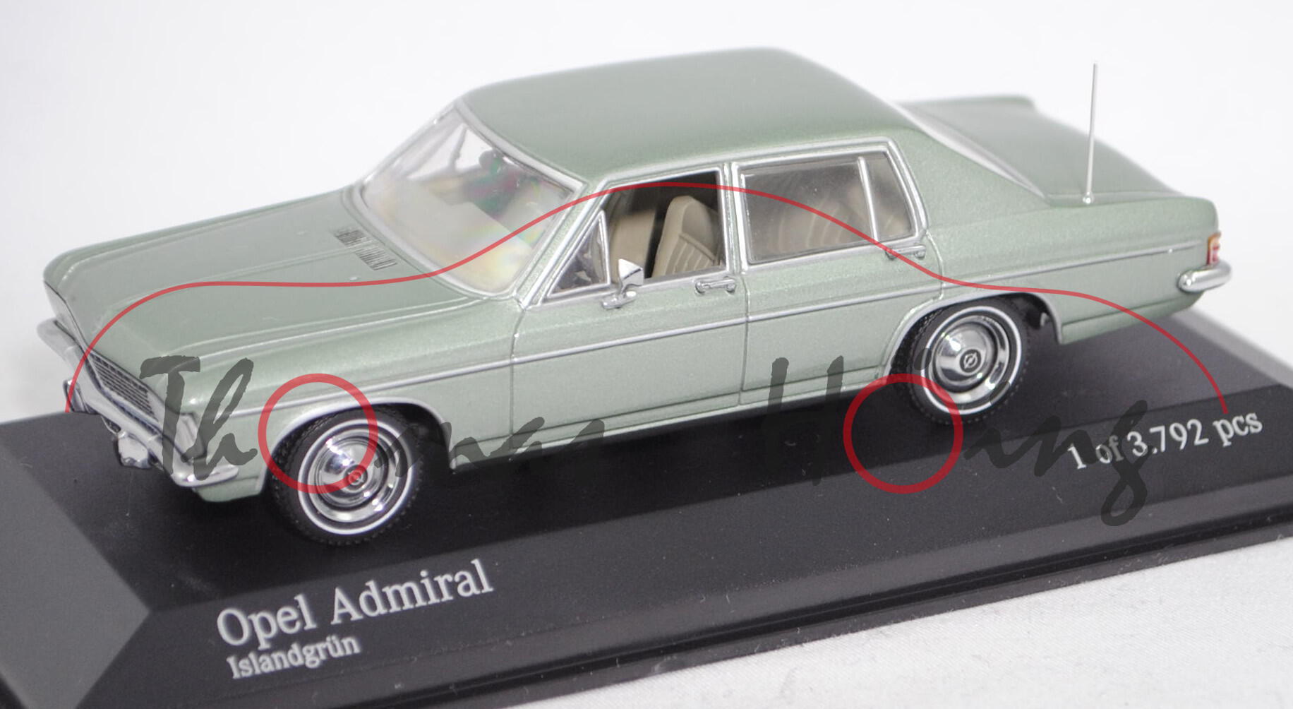 Opel Admiral B 2800 E (KAD-B-Reihe, Modell 1969-1972), islandgrün met., Minichamps, 1:43, PC-Box