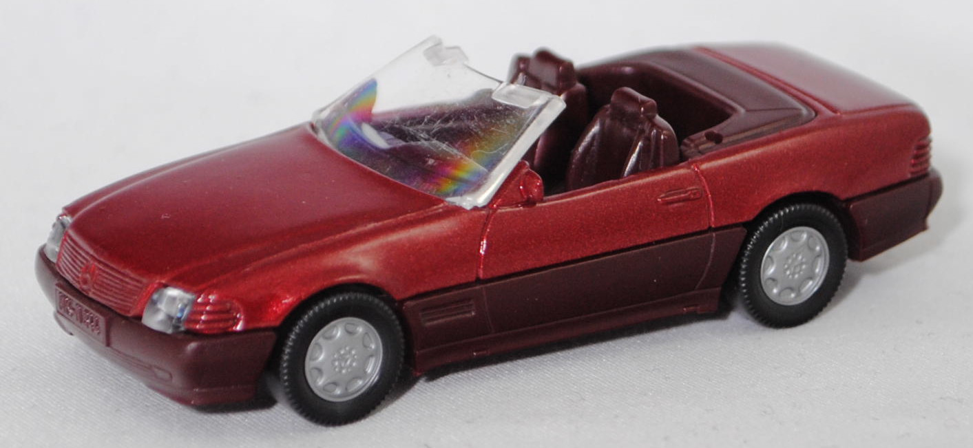 00000 Mercedes-Benz 500 SL (R 129, Modell 1989-1992), purpurrotmetallic, Stern im Kühlergrill und Scheibe seitlich unlackiert, Heckklappe ohne Stern, Germ, B7, SIKU, 1:55, m