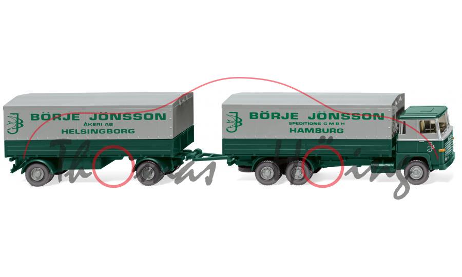 Scania LBS 111 (Mod. 1974-1980) Pritschenanhängerzug, grün/silber, BÖRJE JÖNSSON, Wiking, 1:87, mb