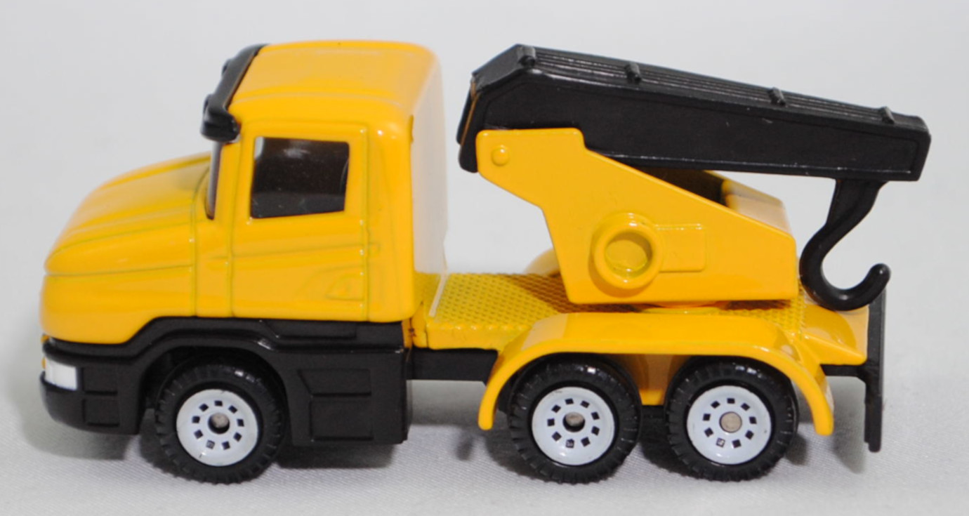 00002 Scania T114GB 6x4 NZ 340 (Serie 4, Fahrerhaustyp CT14, Modell 1995-1998) Abschleppwagen, gelb, Ausleger mit Abschlepphaken schwarz, C1 weiß, SIKU SUPER, 1:86, m