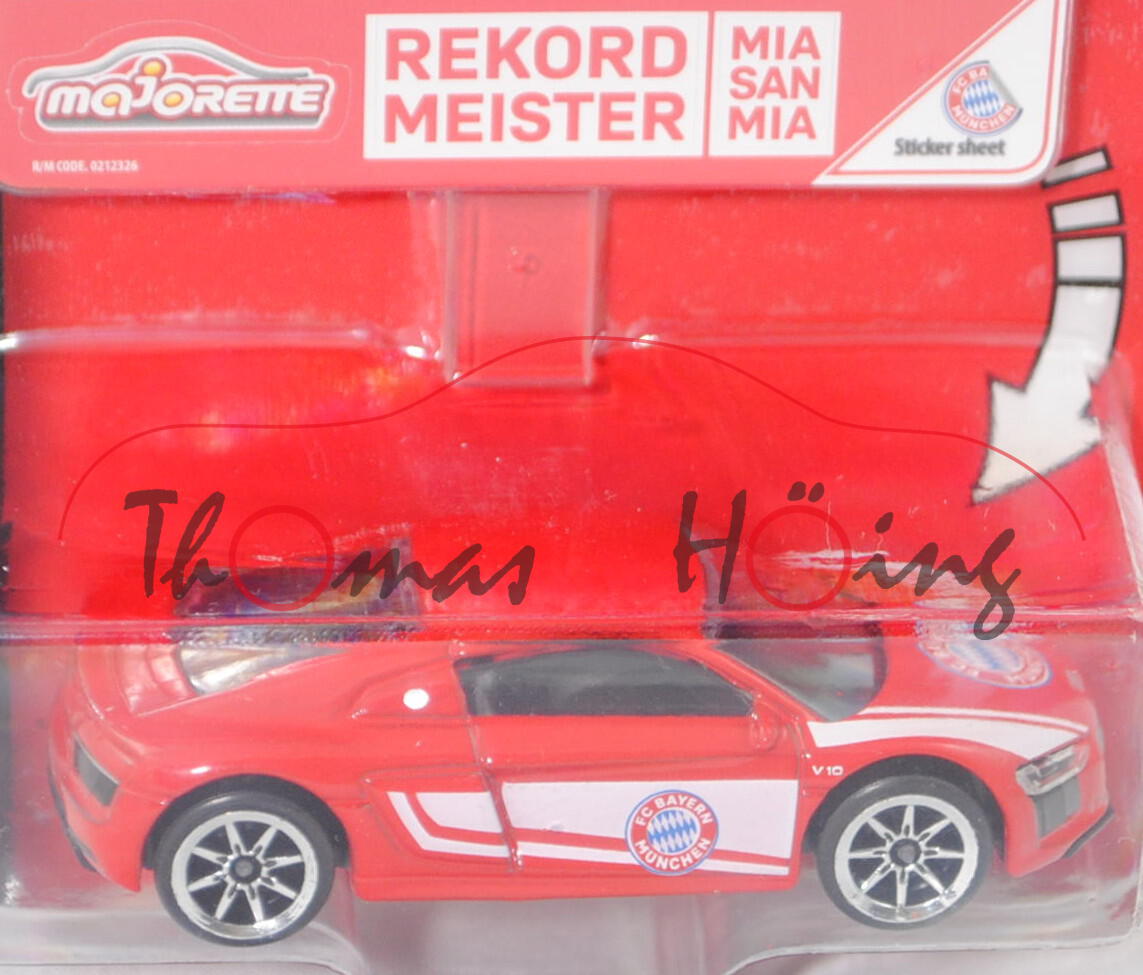 Audi R8 V10 (Baureihe 4S, Typ Coupé, Mod. 15-19), rot, Sticker 1 REKORD MEISTER, majorette, 1:58, mb