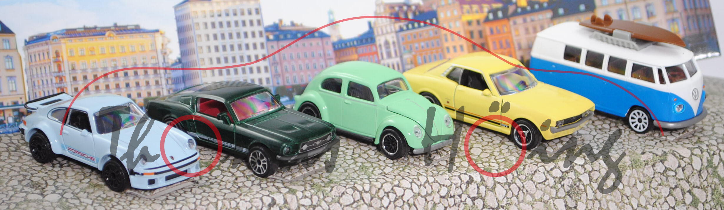 Vintage Giftpack: Porsche 934+Ford Mustang I Fastback+VW Käfer+Toyota Celica+VW T1, majorette, mb