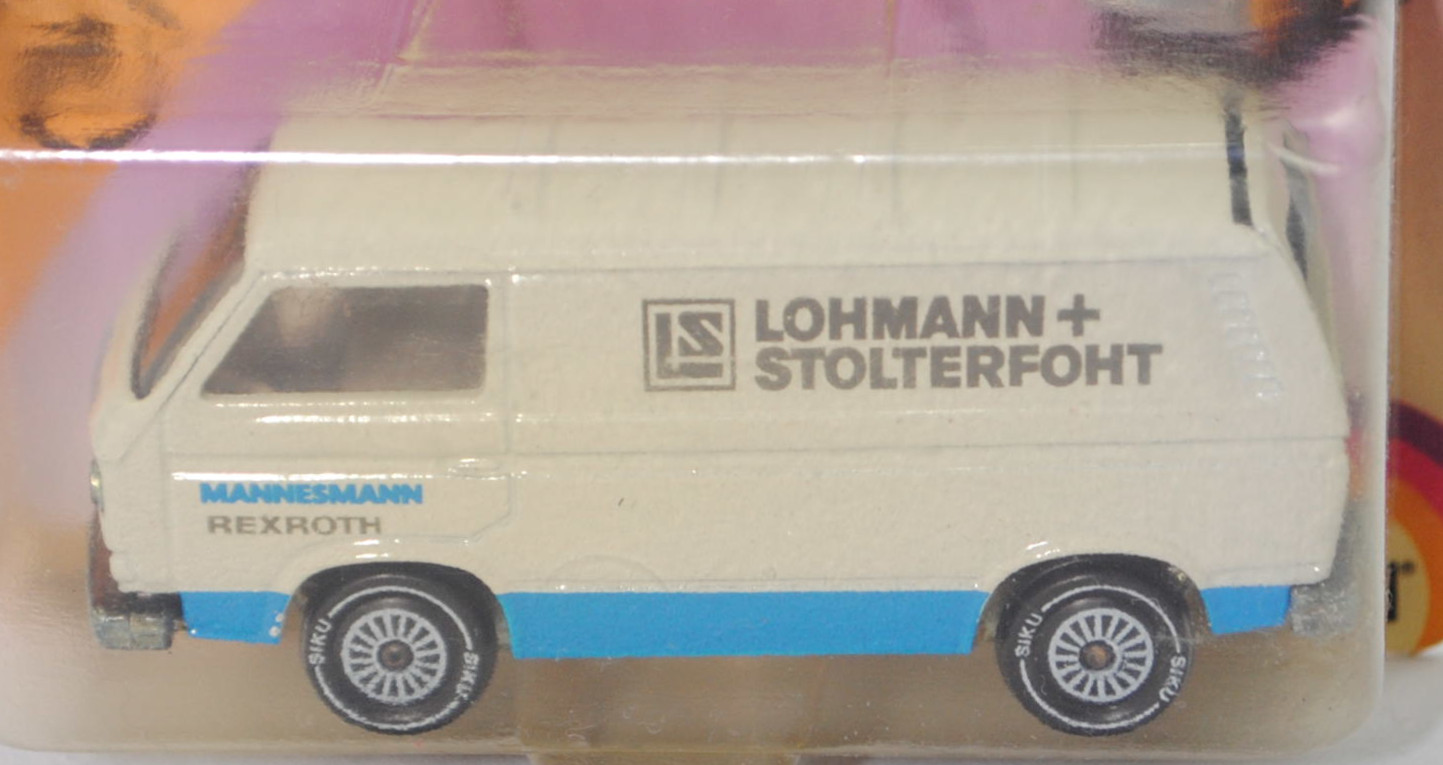 VW Transporter Kastenwagen (T3, Modell '80, Modell 1979-1982), grauweiß, LOHMANN + / STOLTERFOHT / MANNESMANN / REXROTH, R11, SIKU, 1:60, P23 vergilbt (Limited Edition)