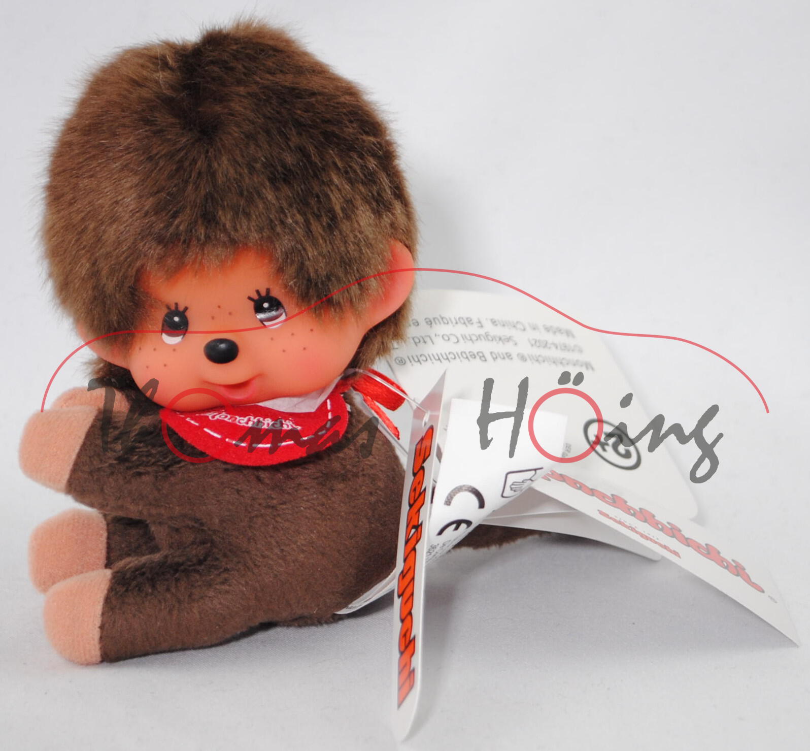 Monchhichi Boy with Clip (Junge mit rotem Latz und Clip), 10 cm groß, Sekiguchi (EAN 4905610257140)