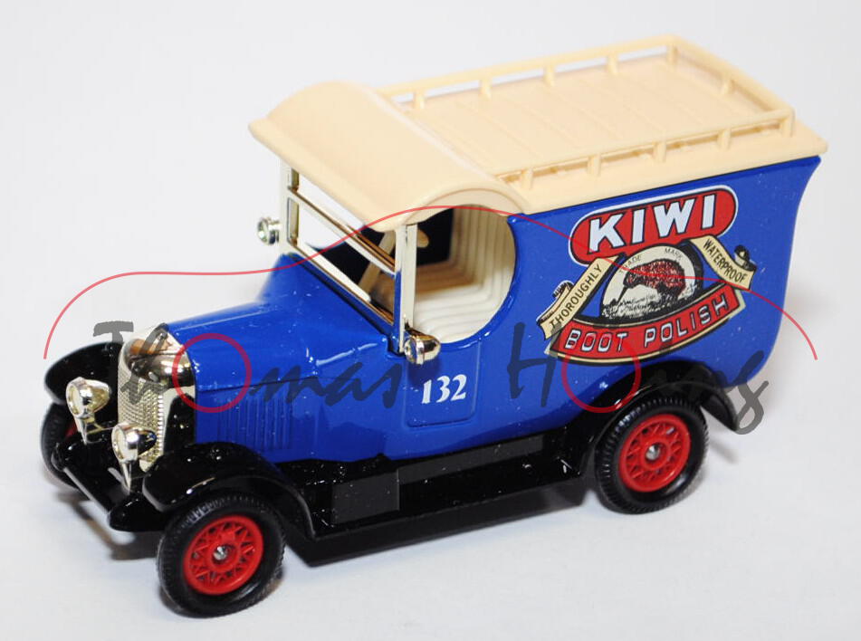 Bull-Nose Morris Van, Modell 1926, hell-ultramarinblau/schwarz, KIWI / BOOT POLISH / THOROUGHLY WATE