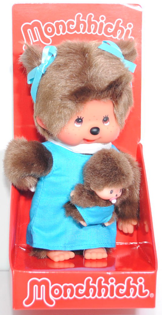 Monchhichi Mother Care Blue (Mutter mit Kind im blauen Kleid), 20 cm groß, Sekiguchi