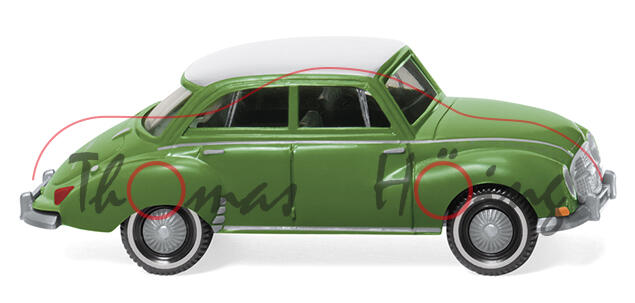 Auto Union 1000 Limousine (Modell 58, Mod. 58-59) (DKW Limousine), maigrün, Dach weiß, Wiking, 1:87