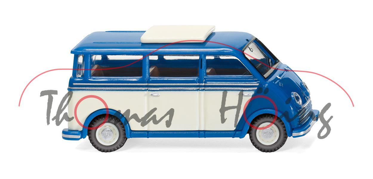 DKW-Schnellaster F 800 Bus (Typ 3, Modell 1955-1962), blau mit perlweißen Flanken, Wiking, 1:87, mb