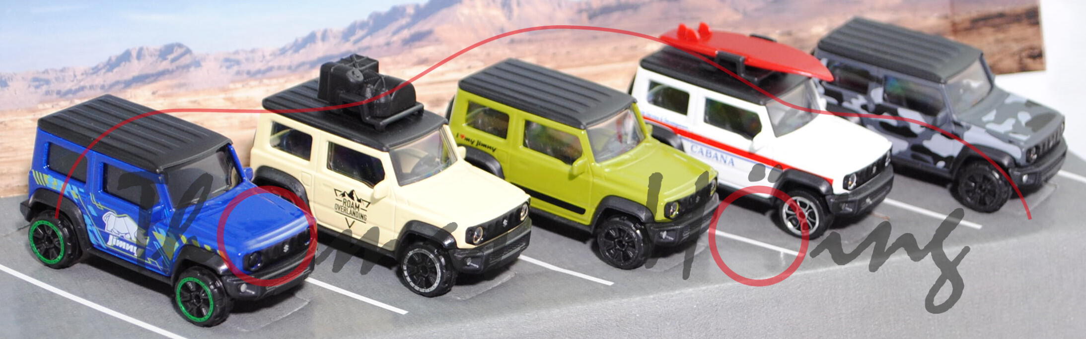 Suzuki Jimny (2. Generation, Typ GJ, Modell 2018-) Geschenkpackung (5 Modelle), majorette, 1:53, mb