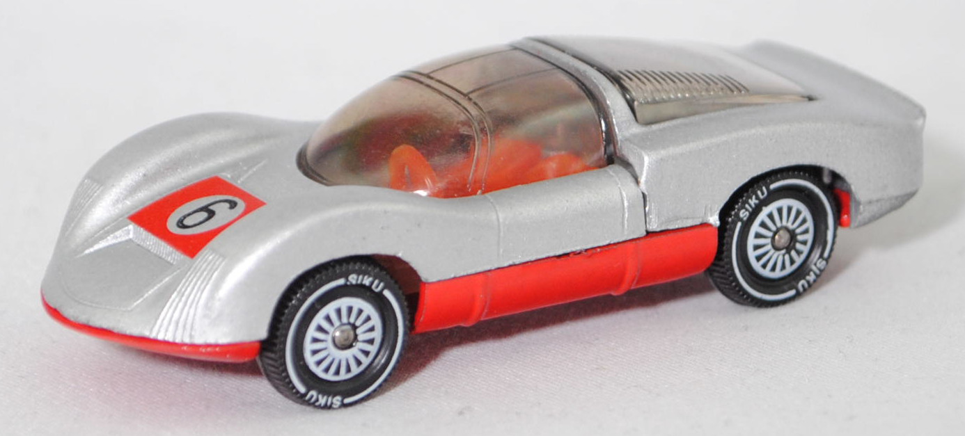 00007 Porsche 906 Carrera 6 (Typ Standard Coupé, Modell 1966-1966), silbergraumetallic/verkehrsrot, Nr. 6, Bpr. V 285 / 1013, W-Germ, Verglasung rauch, R11, SIKU SUPER, 1:59, m