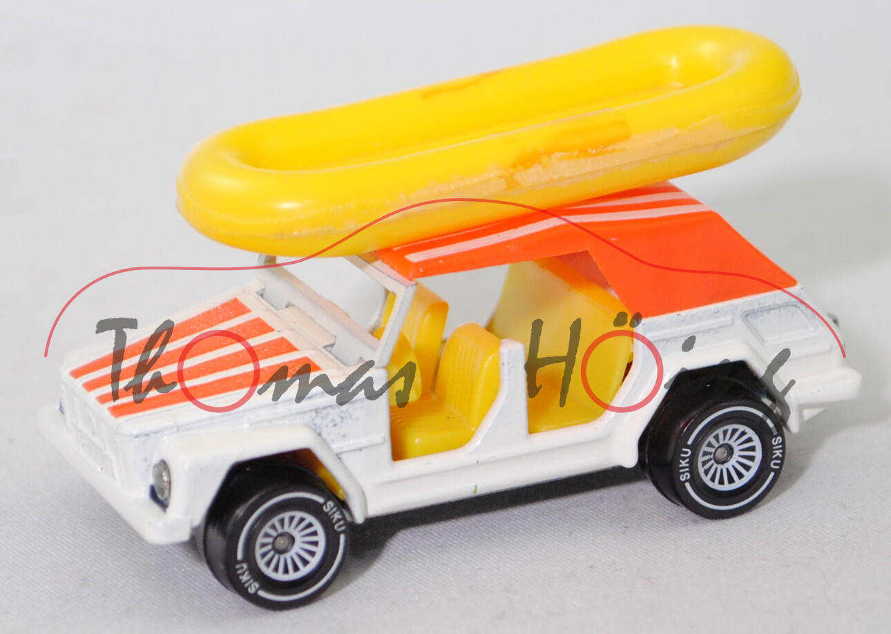 00002 VW 181 1600 (Facelift 1973, Modell 1973-1980) Strandwagen mit Boot, perlweiß, Scheibenrahmen aus Metall, B4 = 7,0 mm, SIKU, 1:57