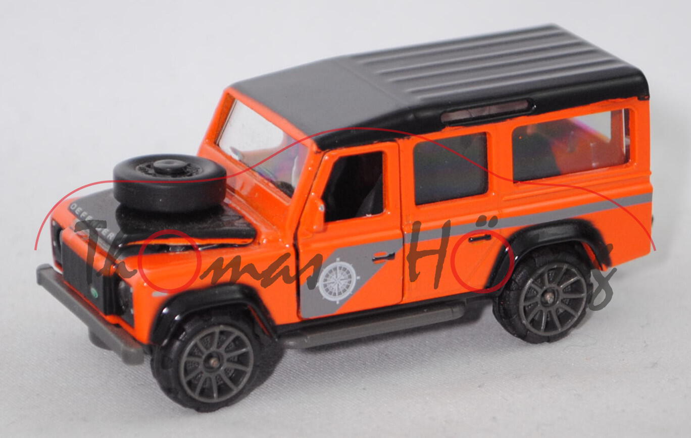 Land Rover Defender 110 (Mod. 90-16), schwarz/orange, majorette, 1:60, Blister mit Land Rover weiß